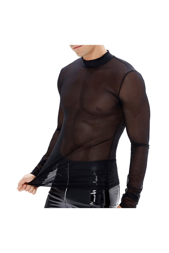 Men's Sheer Mesh Shirt Neck Long Sleeve Top Slim Fit Clubwear Party Tee