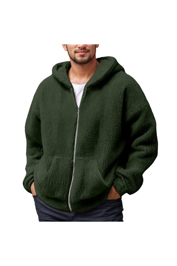 Men's Sherpa Full Zip Hoodies Oversized Fit Kangaroo Pocket Jacket Warm Casual Outdoor Outerwear