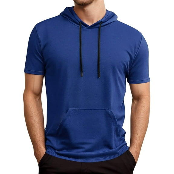 XIAOCHA Men's Short-Sleeve Hoodie Kangaroo Pocket Pullover Loose Hooded Top Lightweight Gym Home Shirt