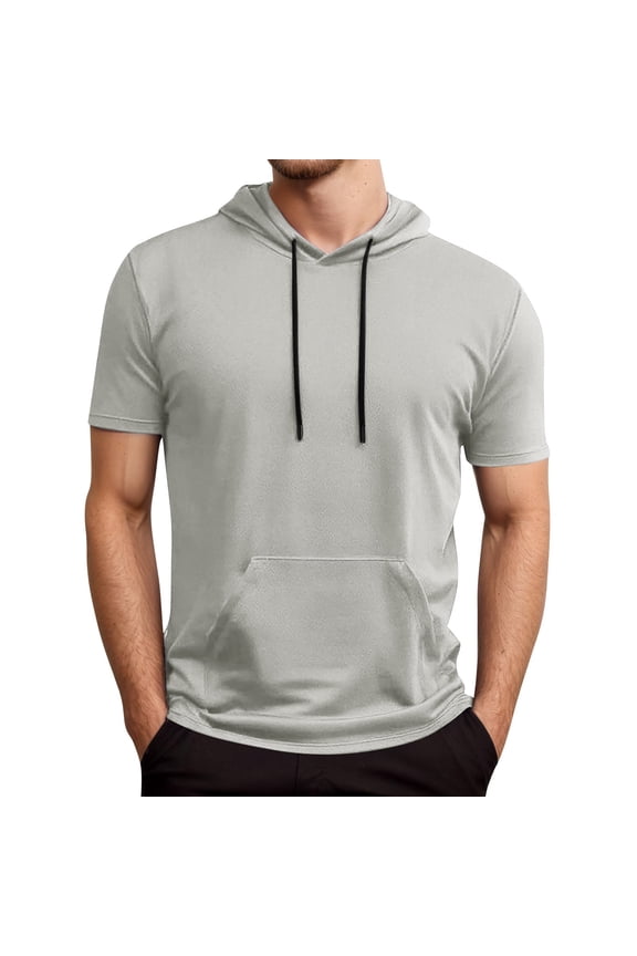 Men's Short-Sleeve Hoodie Kangaroo Pocket Pullover Loose Hooded Top Lightweight Gym Home Shirt