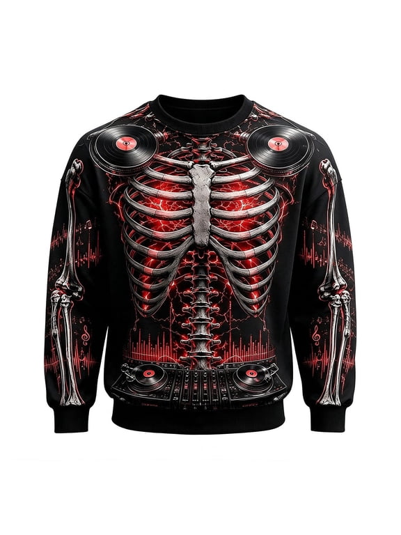 Men's Skeleton DJ Print Sweatshirt Relaxed Fit Halloween Fall Daily Long Sleeve Sweatshirts