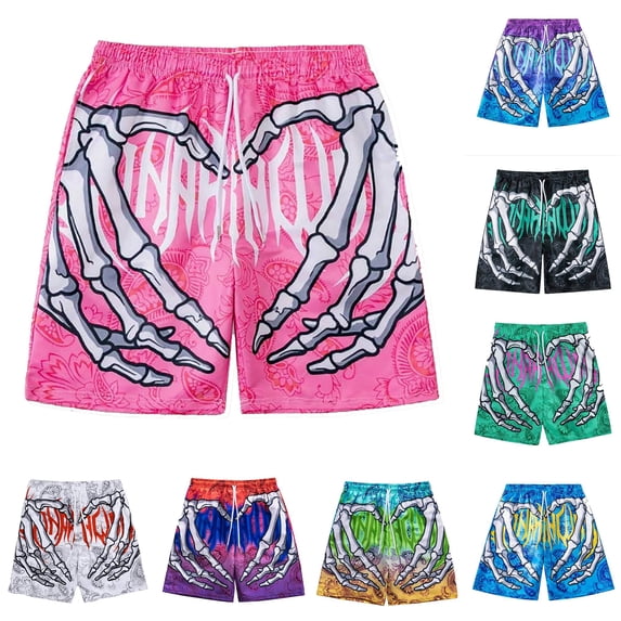XIAOCHA Men's Skeleton Print Beach Shorts Elastic Band Loose Fit Summer Swim Trunks