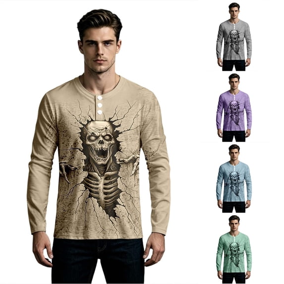 XIAOCHA Men's Skeleton Print Long Sleeve Henley Shirt Loose Fit Halloween Tops