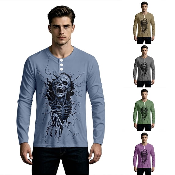 XIAOCHA Men's Skeleton Print Long Sleeve Henley Shirt Oversized Fit Halloween Tops