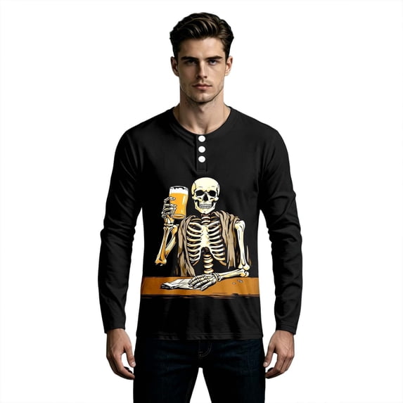 XIAOCHA Men's Skeleton Print Long Sleeve Henley Shirt Relaxed Fit Holiday Tops