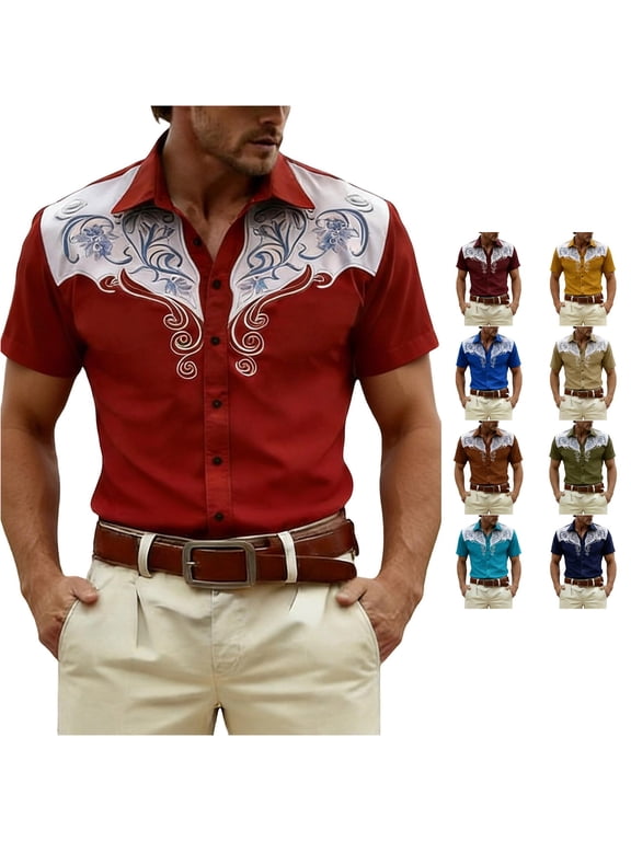 Men's Slim‑Fit Embroidered Button Up Shirt Short‑Sleeve Point Collar Western Button Down Ranch T Shirt, Red, Sizes M