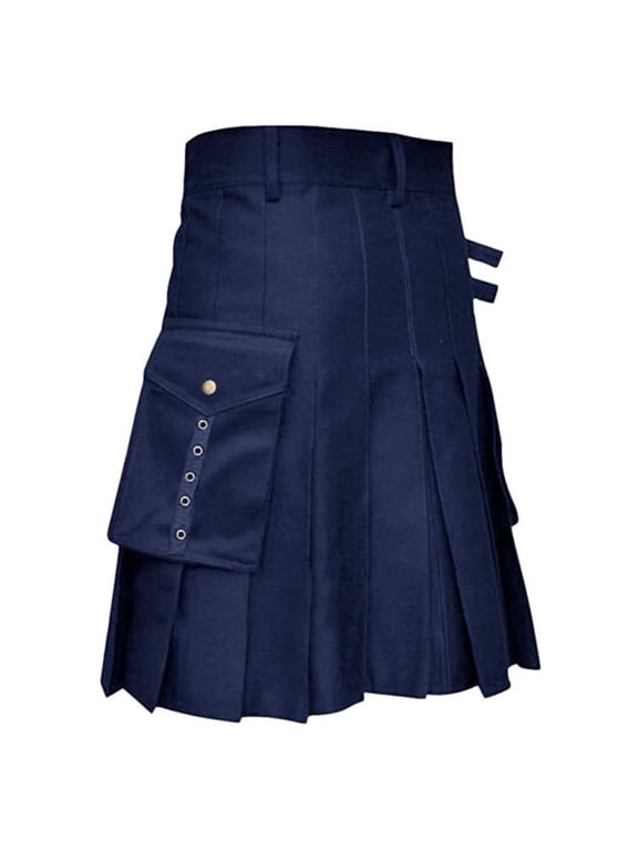 Men's Solid Color Kilt Knee Length High Waist Skirts Durable Traditional Scottish Utility Kilts