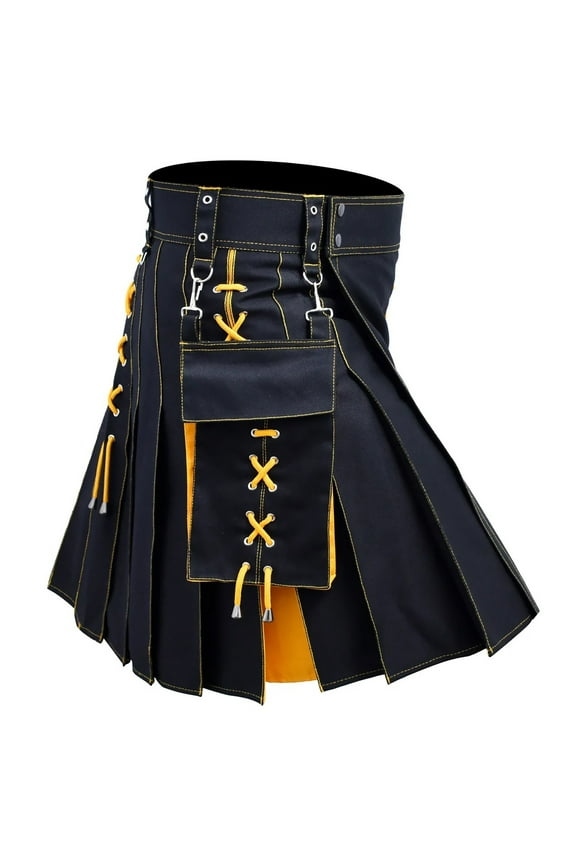 Men's Solid Color Utility Kilt Pleated Lace-Up Pocket Skirts Durable Gothic Festival Wear Bottoms