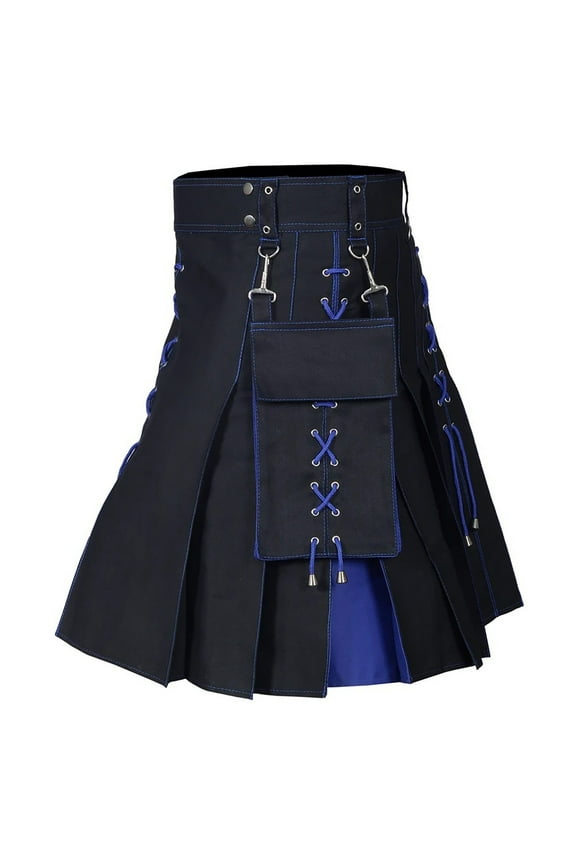 Men's Solid Color Utility Kilt Pleated Lace-Up Pocket Skirts Durable Gothic Festival Wear Bottoms