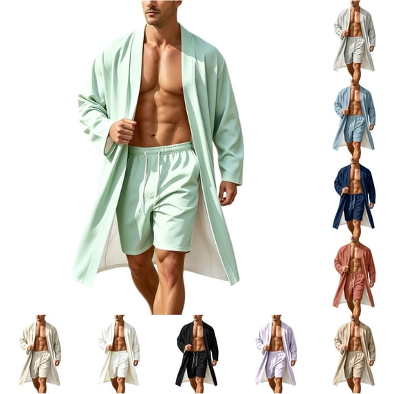 XIAOCHA Men's Solid Robe Set Open Front Long Sleeve Bathrobe Short Pant Sleepwear