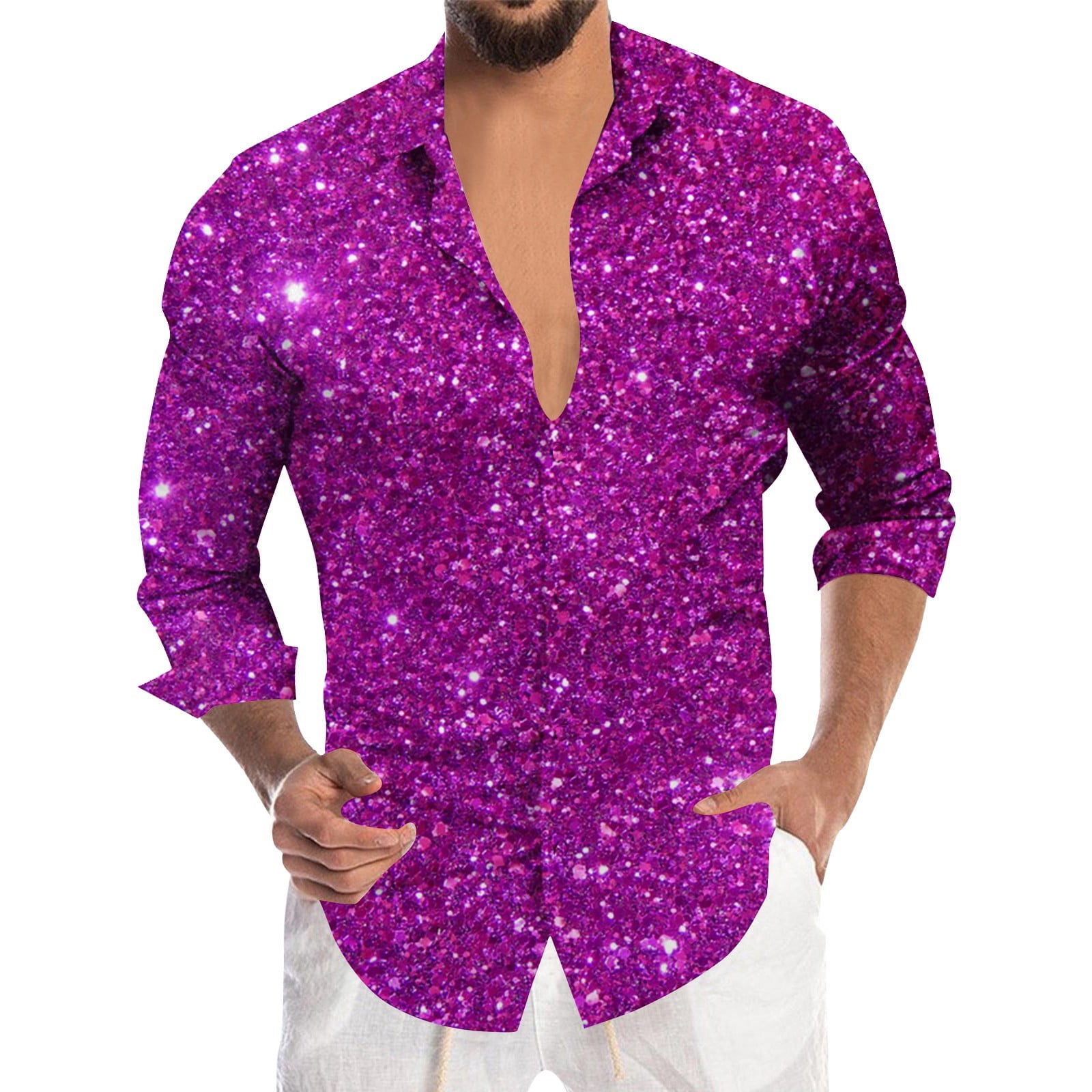 glam and glitter dress for men XIAOCHA Men's Sparkly Shirt Deep V Neck Long Sleeve Casual Tunic Eye Catching Party Going Out Top red sequin dress for ladies