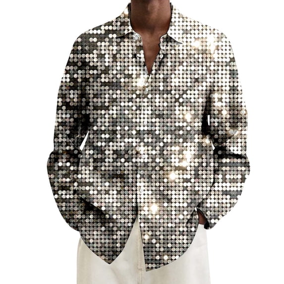 XIAOCHA Men's Sparkly Sequin Shirt Collared Long Sleeve Button Up Casual Blouse Eye Catching Glam Party Going Out Top