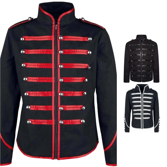 XIAOCHA Men's Stand Collar Stud Decor Military Jacket Zip Front Long Sleeve Slim Fit Jackets Stage Rock Casual Pullover Outerwear