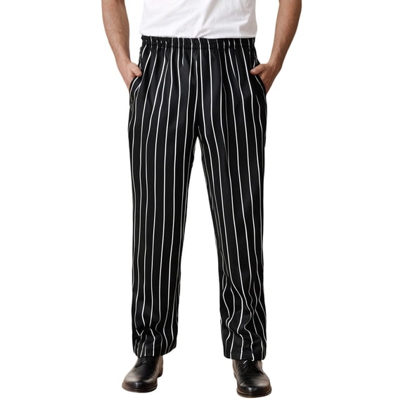 XIAOCHA Men's Striped Chef Pants Straight Side Pocket Trousers Breathable Professional Kitchen Wear Bottoms