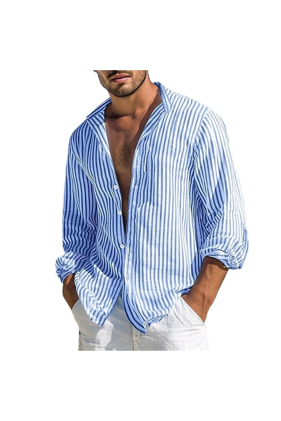 Men's Striped Shirt Rolled Long Sleeve Relaxed Weekend Summer Beach Button Up Shirts