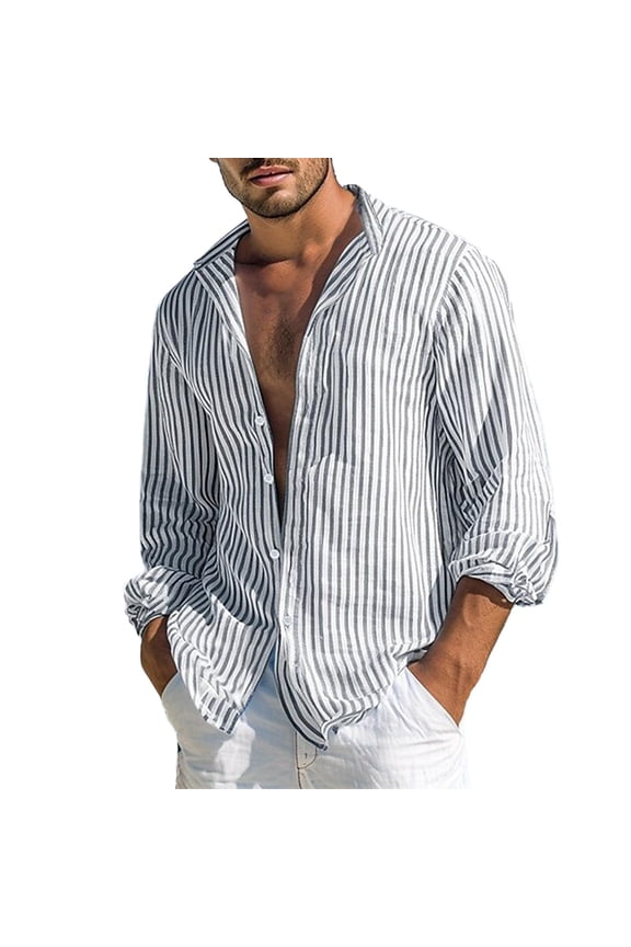 Men's Striped Shirt Rolled Long Sleeve Relaxed Weekend Summer Beach Button Up Shirts