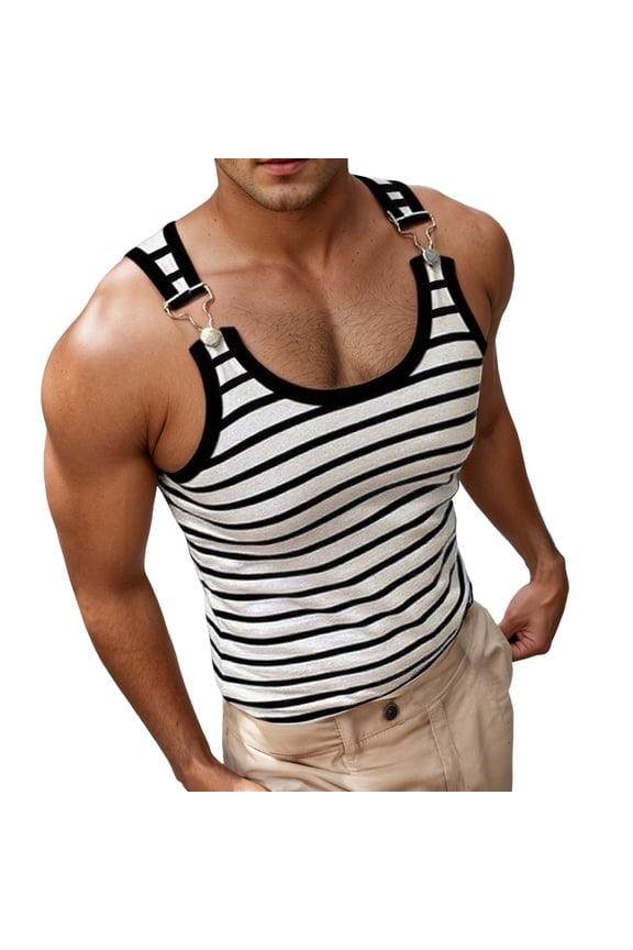 Men's Striped Tank Top Sleeveless Buckle Strap Vest Breathable Modern Casual Undershirt