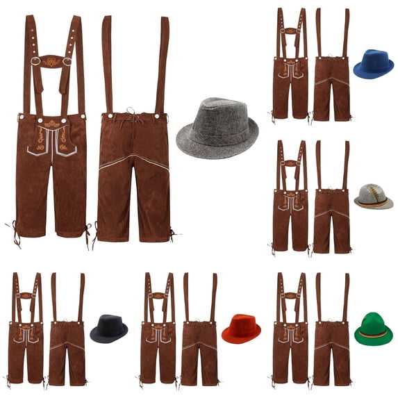 XIAOCHA Men's Suede Lederhosen Matching Hat Suspender Shorts Oktoberfest Knee Length Pants,Grey,Sizes M