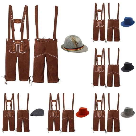 XIAOCHA Men's Suede Lederhosen Matching Hat Suspender Shorts Oktoberfest Knee Length Pants,Light Gray,Sizes XXL