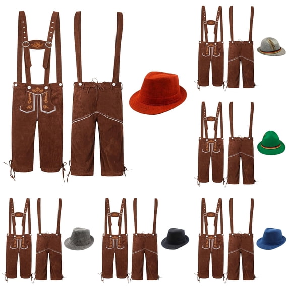 XIAOCHA Men's Suede Lederhosen Matching Hat Suspender Shorts Oktoberfest Knee Length Pants,Orange,Sizes XXXL
