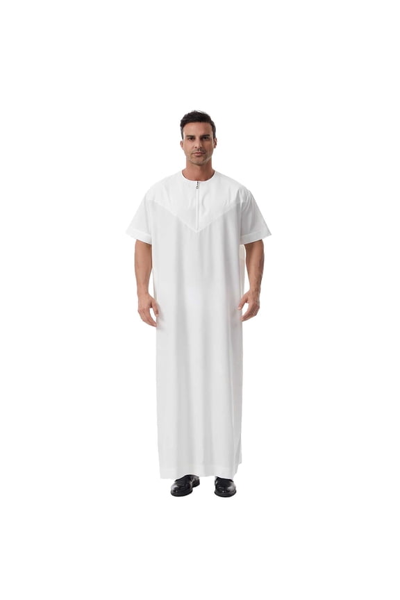 Men's Traditional Thobe Short Sleeve Round Neck Quarter Zip Embroidered Robes Comfy Modest Daily Prayer Tops