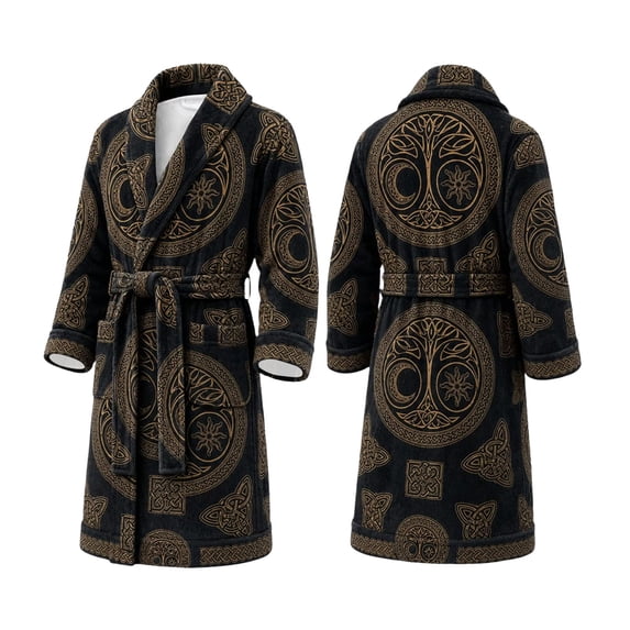 XIAOCHA Men's Tree Of Life Celtic Print Robe Shawl Collar Wrap Bathrobe Belt Pocket Nightgown