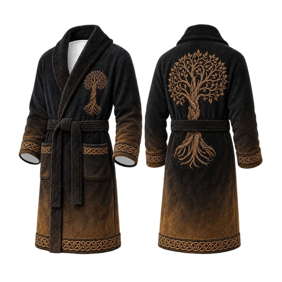 XIAOCHA Men's Tree Of Life Pattern Robe Shawl Collar Wrap Bathrobe Belt Pocket Nightgown