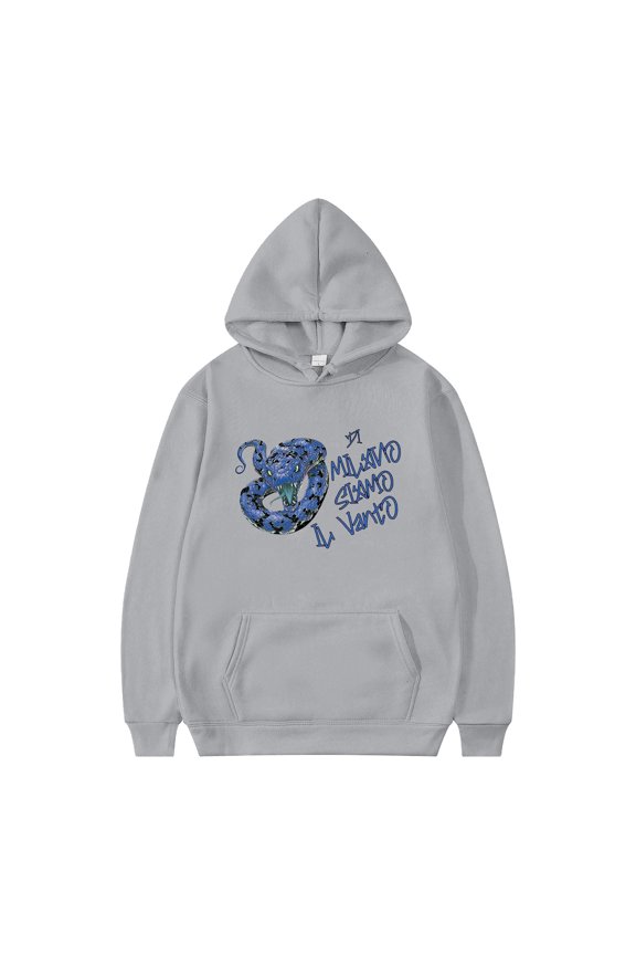 XIAOCHA Men's Trendy Snake Graphic Hoodie Oversized Blue Snake Italian Slogan Print Hoodie Cozy Casual Streetwear Pullover Hoodie