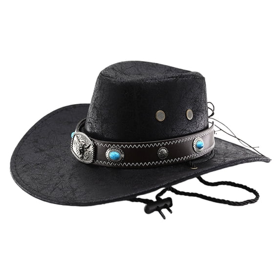 XIAOCHA Men's Turquoise Inlay Band Cowboy Hat Solid Farm Outdoor Wide Brim Western Hat,Black