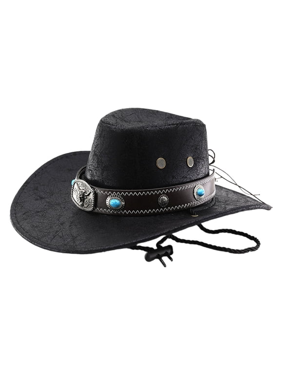Men's Turquoise Inlay Band Cowboy Hat Solid Farm Outdoor Wide Brim Western Hat,Black