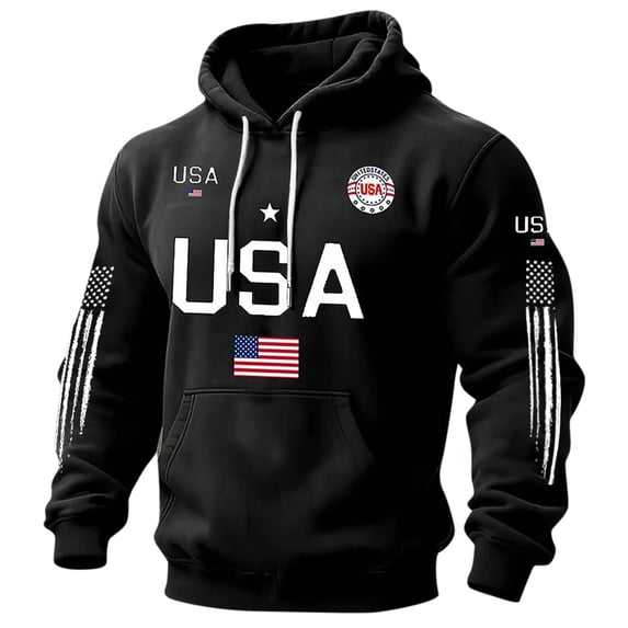 XIAOCHA Men's USA Flag Letter Print Hoodie Long Sleeve Hooded Pullover Knit Top Warm Patriotic Casual Hoodies