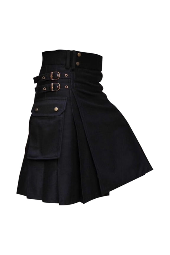 Men's Utility Buckle Strap Cargo Kilt Pleated Midi High Rise Skirt Sturdy Rugged Casual Kilts