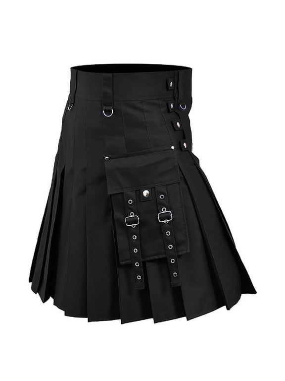 Men's Utility Pocket Pleated Kilt Midi Length Button Waist Skirt Durable Edgy Gothic Kilts