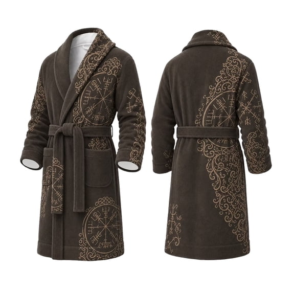 XIAOCHA Men's Viking Compass Print Robe Shawl Collar Tie Waist Long Sleeve Bathrobe Nightgown
