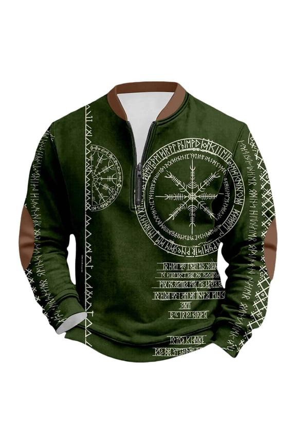 Men's Viking Compass Graphic Sweatshirt Half Zip Long Sleeve Pullover Nordic Casual Pullover Top, Dark Green, Sizes S