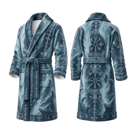 XIAOCHA Men's Viking Wolf Print Robe Shawl Collar Wrap Bathrobe Belt Pocket Nightgown