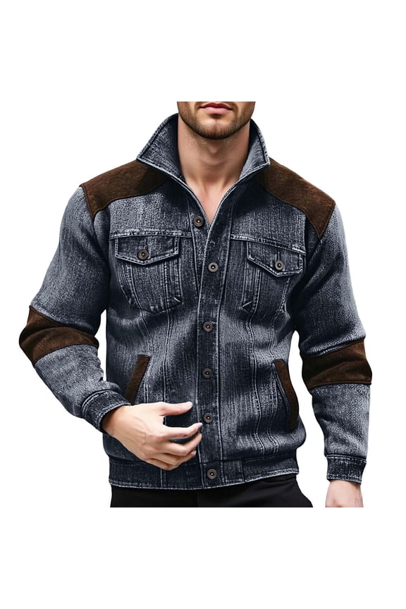 Men's Vintage Trucker Jacket Long Sleeve Stand Collar Contrast Suede Patch Top Stylish Casual Weekend Wear Outerwears