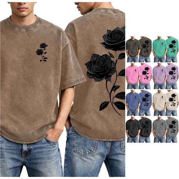 XIAOCHA Men's Vintage‑Wash Tee Rose Floral Dual‑Side Print Short‑Sleeve Pullover Top, Coffee, Sizes L