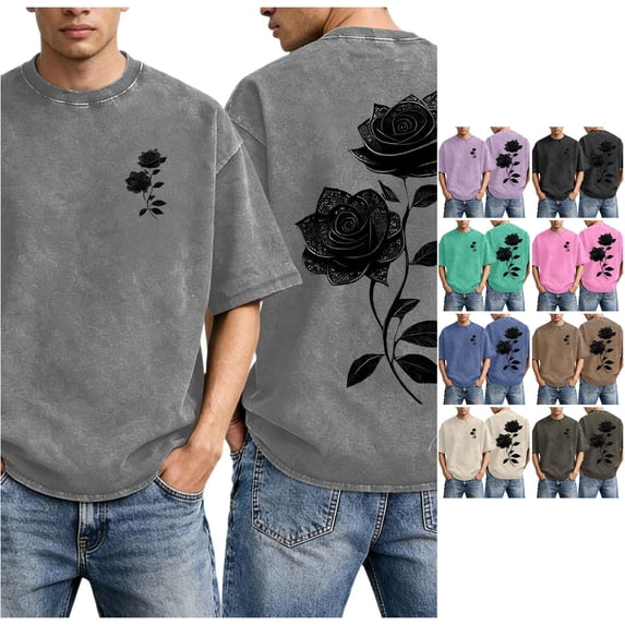 XIAOCHA Men's Vintage‑Wash Tee Rose Floral Dual‑Side Print Short‑Sleeve Pullover Top, Grey, Sizes XXL