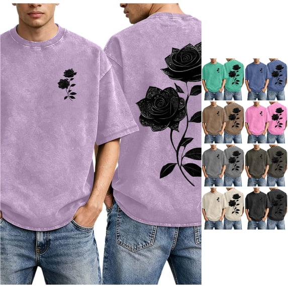 XIAOCHA Men's Vintage‑Wash Tee Rose Floral Dual‑Side Print Short‑Sleeve Pullover Top, Purple, Sizes M