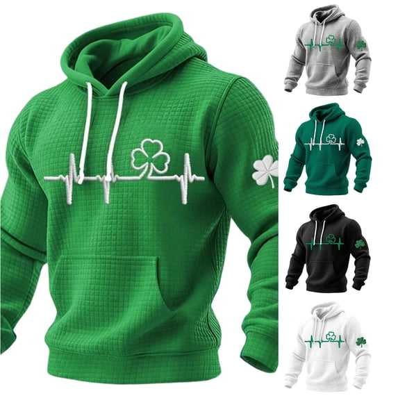 XIAOCHA Men's Waffle Hoodie Long Sleeve Shamrock Embroidery Urban Hooded Sweatshirt, Green, Sizes XXXXXL
