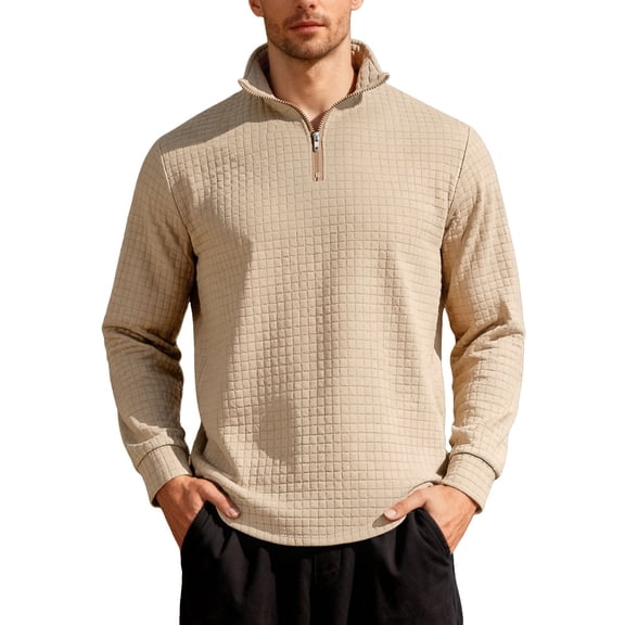 XIAONU Men's Waffle-Knit Jacquard Sweatshirt Half-Zip Stand Collar Top Casual Pullover Business Work Sweatshirts Khaki XXL