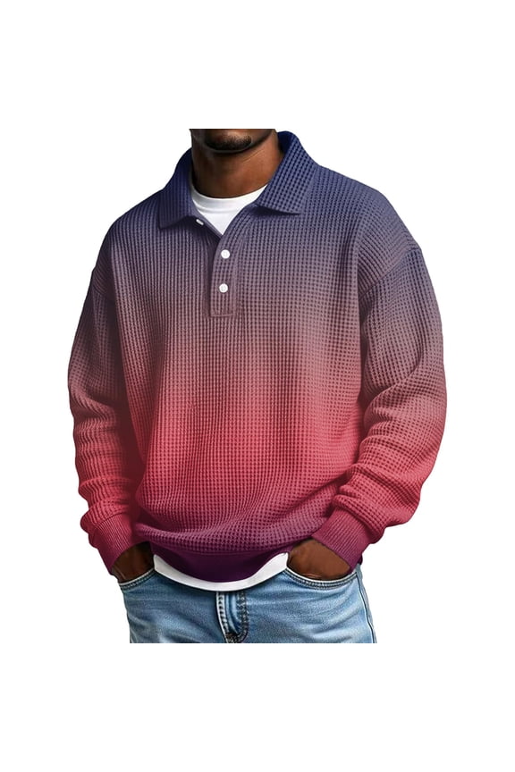 Men's Waffle Knit Polo Sweater Collared Long Sleeve Button Up Maroon Pullover Cozy Casual Everyday Layering Top