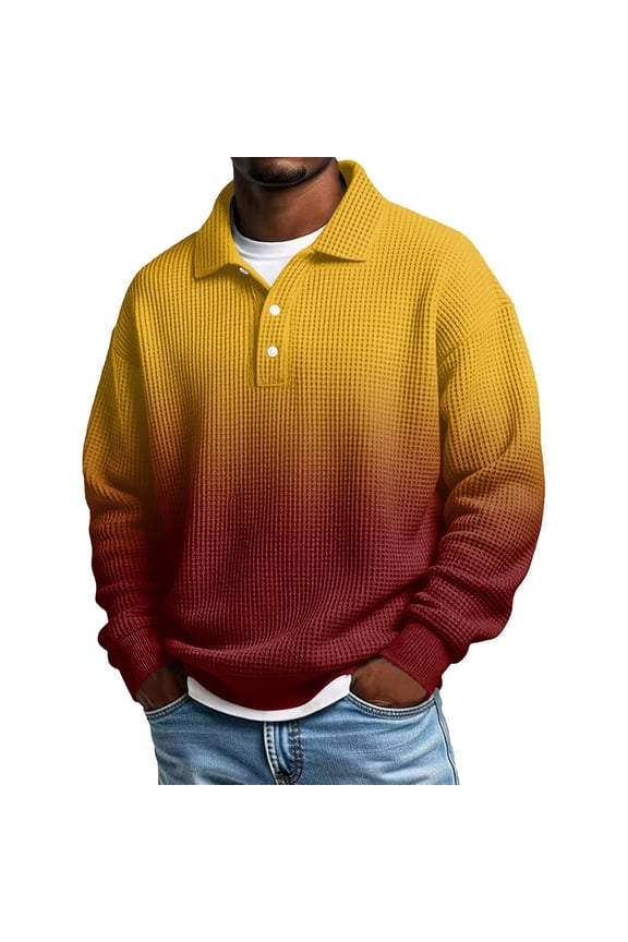 Men's Waffle Knit Polo Sweater Collared Long Sleeve Button Up Maroon Pullover Cozy Casual Everyday Layering Top