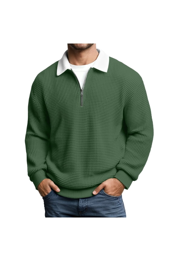 Men's Waffle Knit Quarter Zip Sweater Oversized Long Sleeve Polo Neck Pullover Jumper Warm Preppy Daily Sweaters