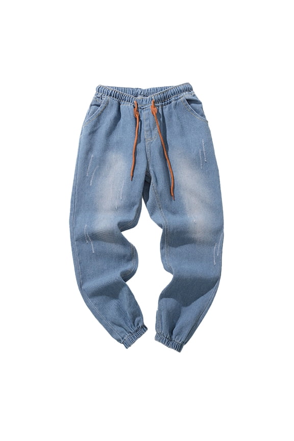 Men's Washed Distressed Denim Jean Jogger Full Length Drawstring Pant Soft Casual Street Jeans