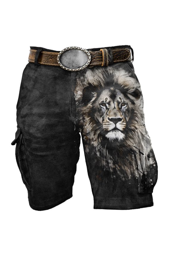Men's Watercolor Wolf Print Cargo Knee Shorts Solid Multi Pocket Bottoms Western Vintage Trunks