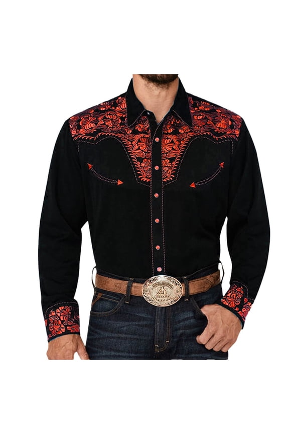 Men's Western Embroidered Shirt Collared Long Sleeve Button Up Cowboy Style Blouse Stylish Vintage Casual Going Out Top