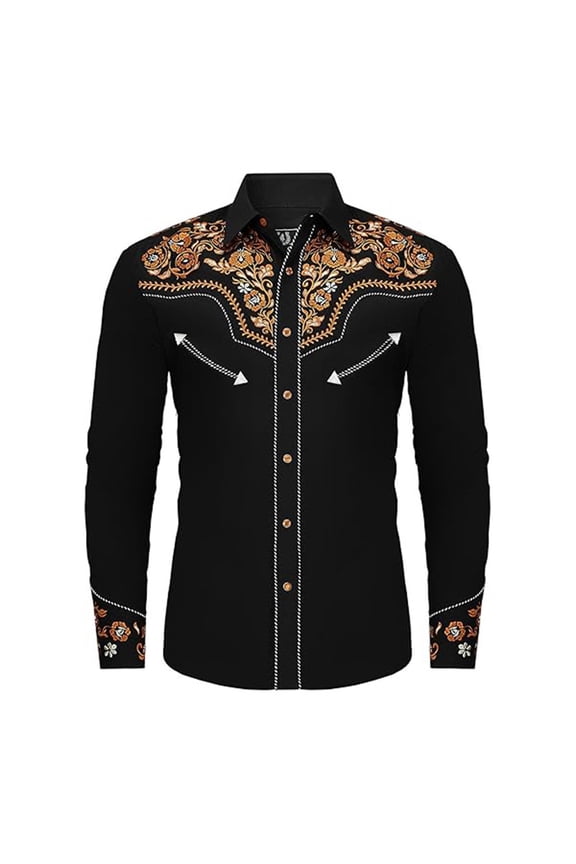 Men's Western Embroidered Shirt Floral Yoke Collared Long Sleeve Button Up Classic Cowboy Casual Rodeo Event Top