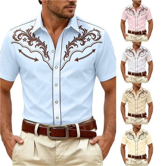 XIAOCHA Men's Western Scroll Print Button Down Shirt Short Sleeve Country Holiday Casual Top